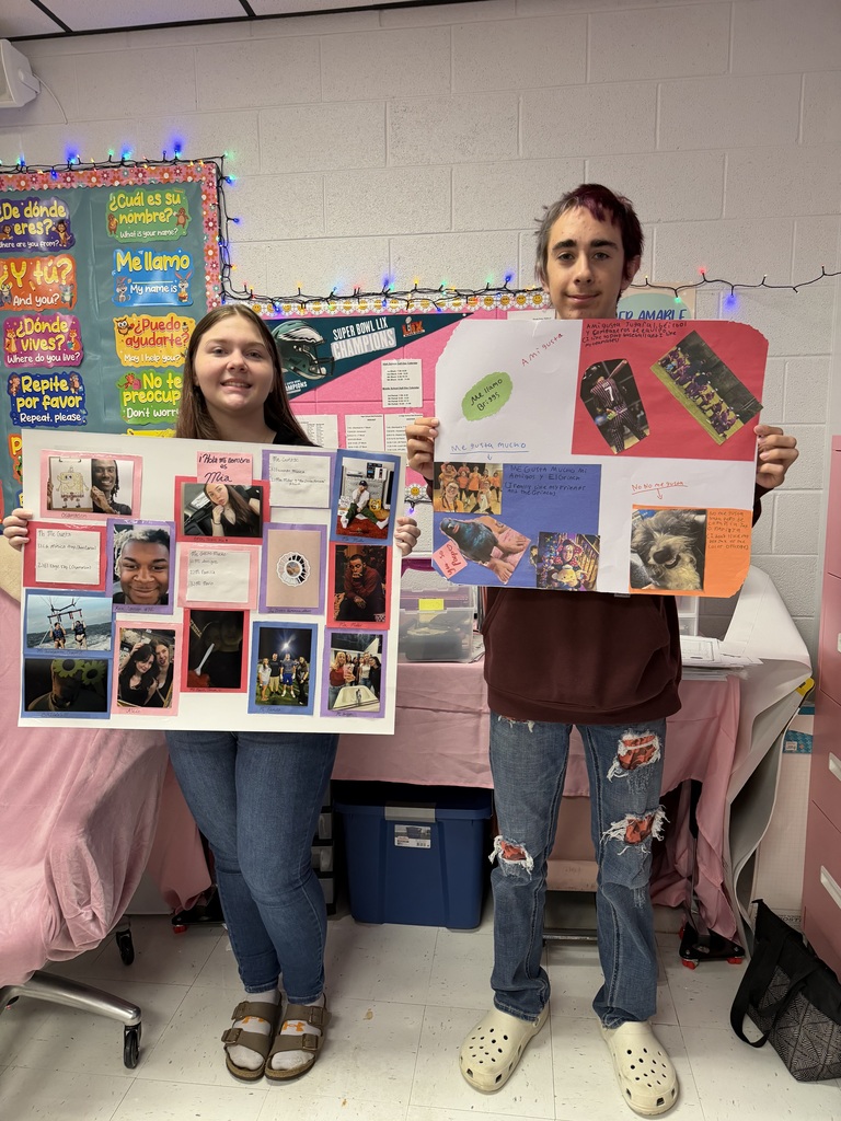 West Carroll Spanish students work on and proudly display colorful poster projects featuring photos, drawings, and Spanish phrases such as “me gusta,” “me gusta mucho,” and “no me gusta.” The projects allow students to creatively demonstrate how to express things they like, really like, and dislike in Spanish.