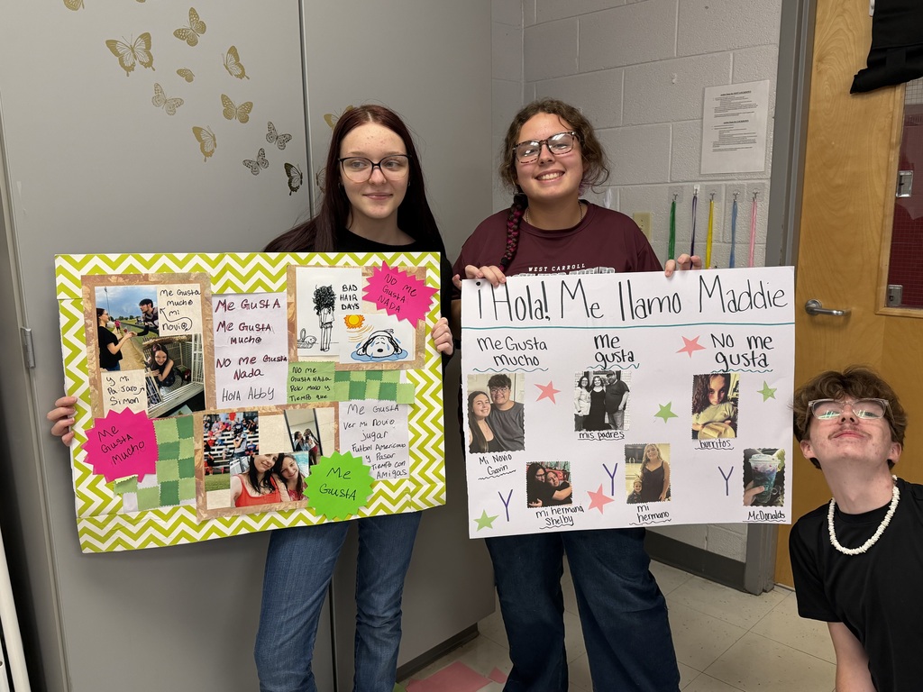 West Carroll Spanish students work on and proudly display colorful poster projects featuring photos, drawings, and Spanish phrases such as “me gusta,” “me gusta mucho,” and “no me gusta.” The projects allow students to creatively demonstrate how to express things they like, really like, and dislike in Spanish.