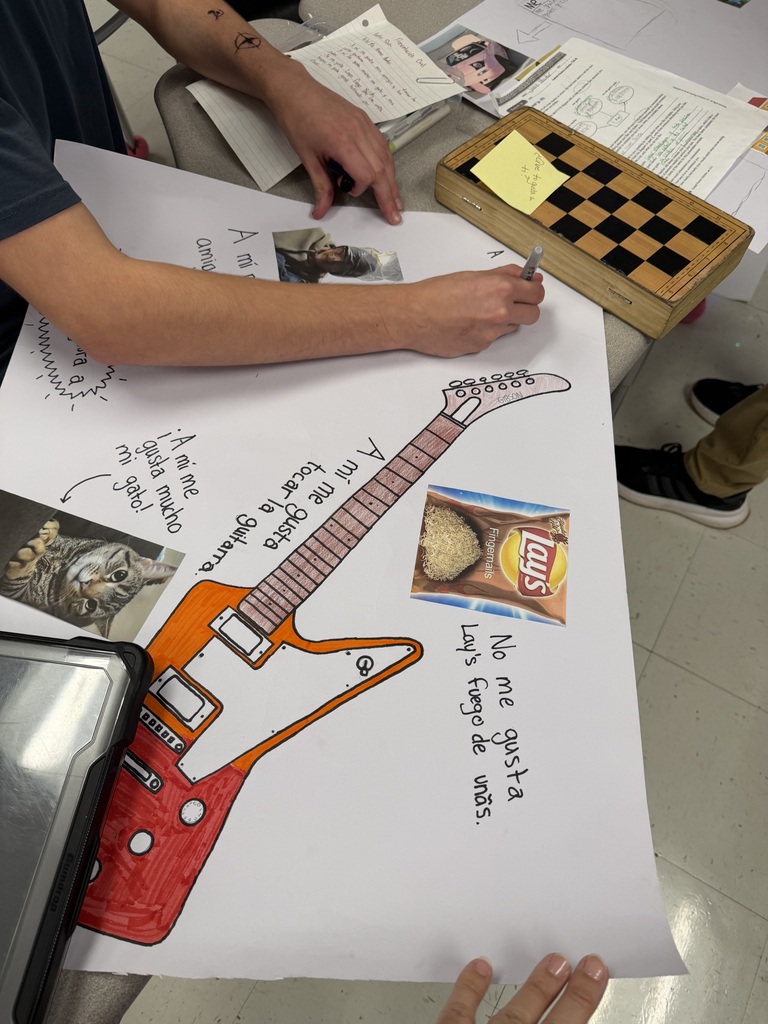 West Carroll Spanish students work on and proudly display colorful poster projects featuring photos, drawings, and Spanish phrases such as “me gusta,” “me gusta mucho,” and “no me gusta.” The projects allow students to creatively demonstrate how to express things they like, really like, and dislike in Spanish.