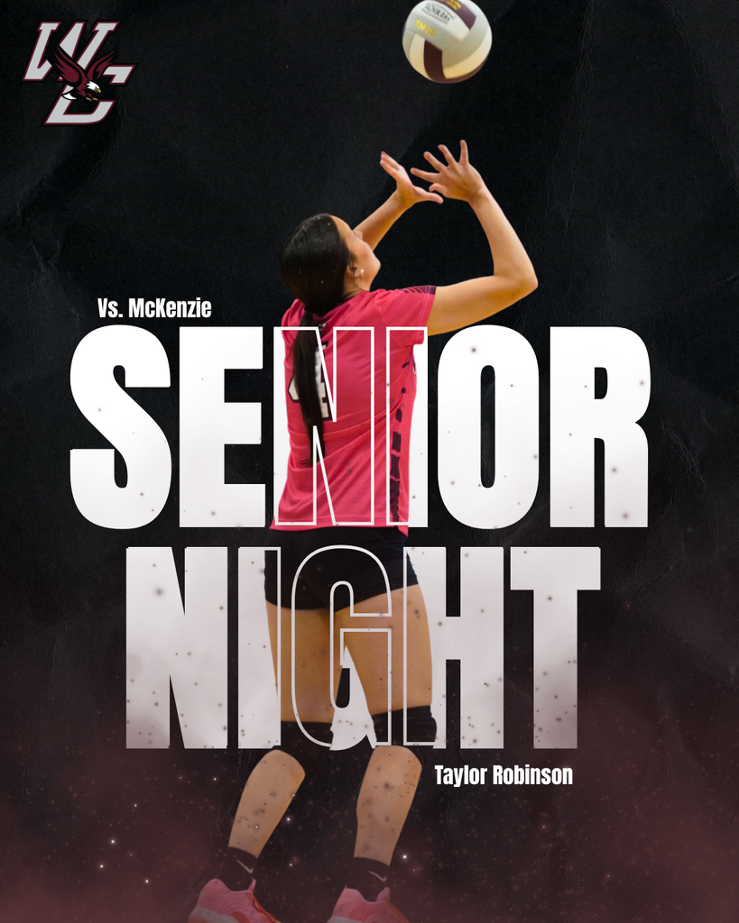 West Carroll Volleyball Senior Night graphic featuring senior Taylor Robinson preparing to set a volleyball. Large white text reads “Senior Night,” with “Vs. McKenzie” and “Taylor Robinson” displayed on a black and maroon background. The West Carroll logo appears in the upper left corner.