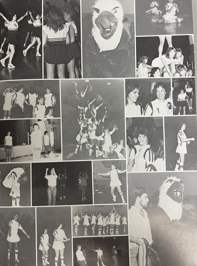One page features a collage of cheerleaders performing, practicing, and posing with the War Eagle mascot.