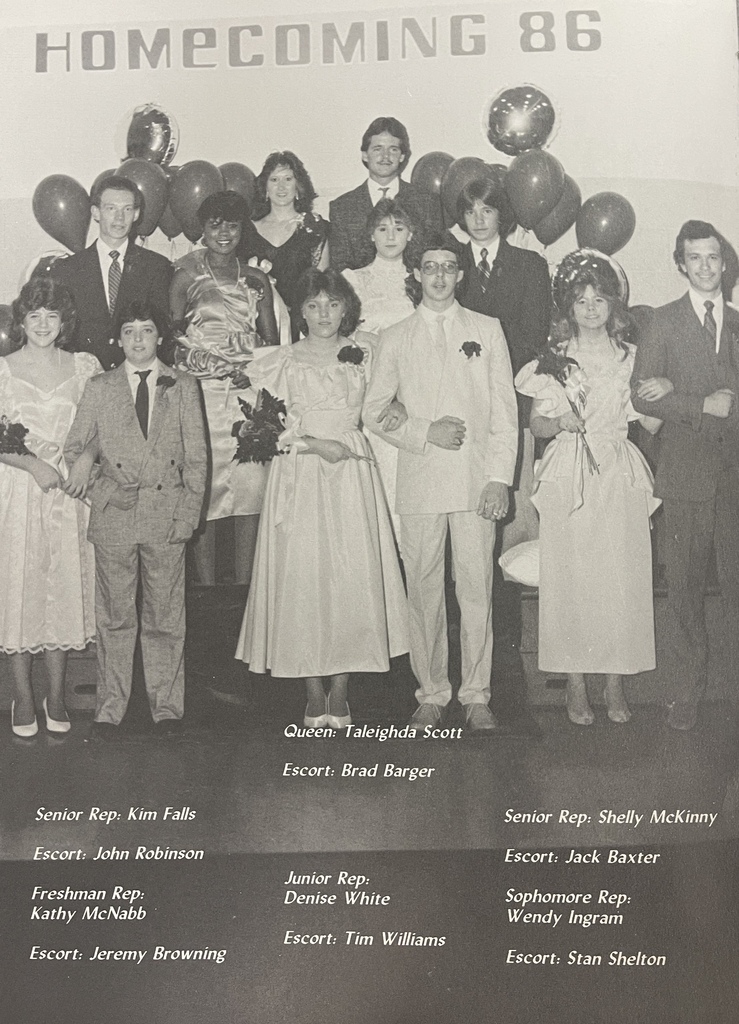 black-and-white pages from the 1986 West Carroll yearbook highlighting Homecoming. features the 1986 Homecoming Court posed beneath a “Homecoming 86” sign. The page identifies Taleighda Scott as Homecoming Queen with escort Brad Barger, along with class representatives and their escorts.
