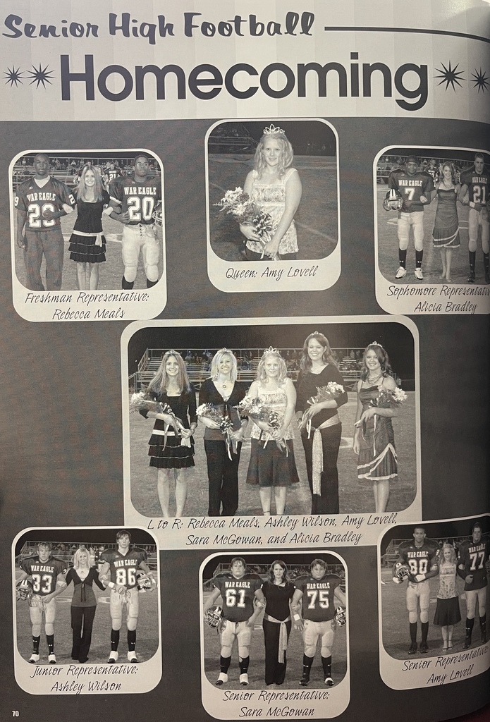 Black-and-white 2006 West Carroll Senior High Football Homecoming yearbook page featuring the Homecoming court with War Eagle football players. Amy Lovell is pictured as Homecoming Queen. Representatives pictured include Rebecca Meals, Ashley Wilson, Sara McGowan, and Alicia Bradley, along with a group photo of the court.