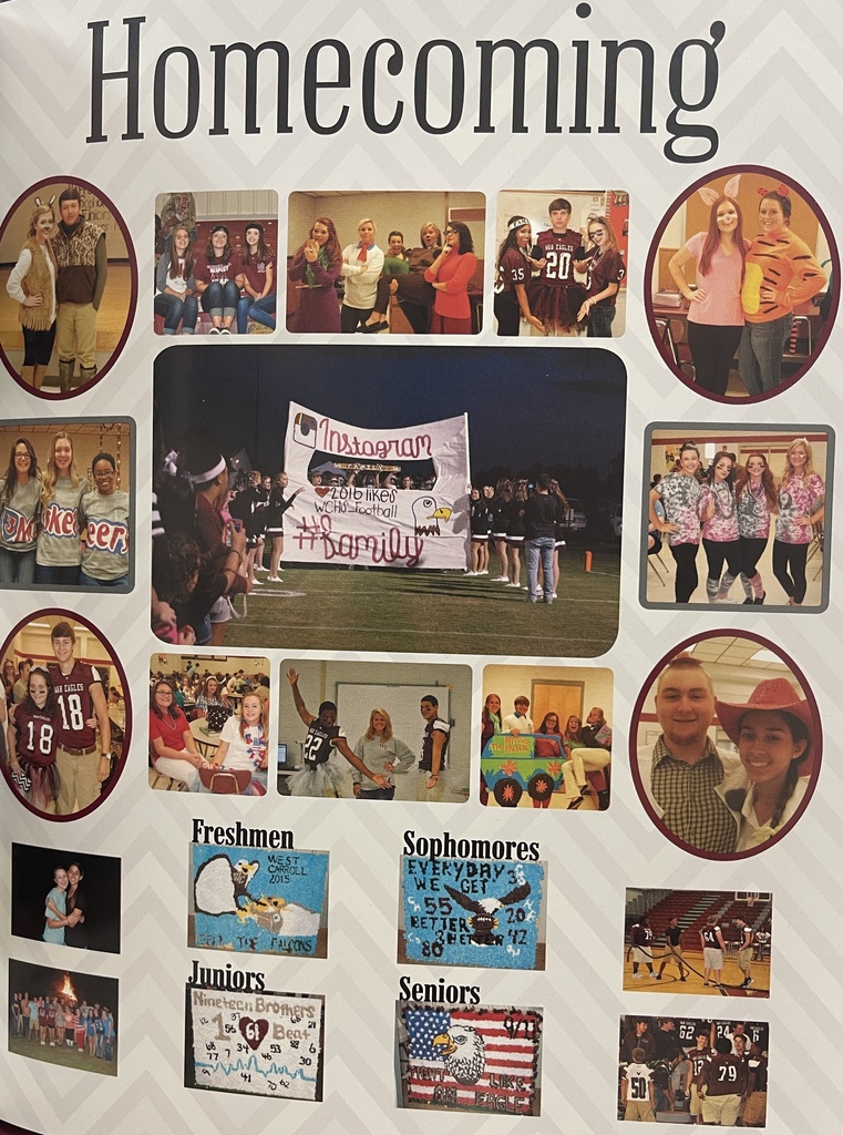 The second page is a collage of Homecoming week activities, including dress-up days, students in costumes, class banners, football players, cheerleaders, and a Friday night football scene.