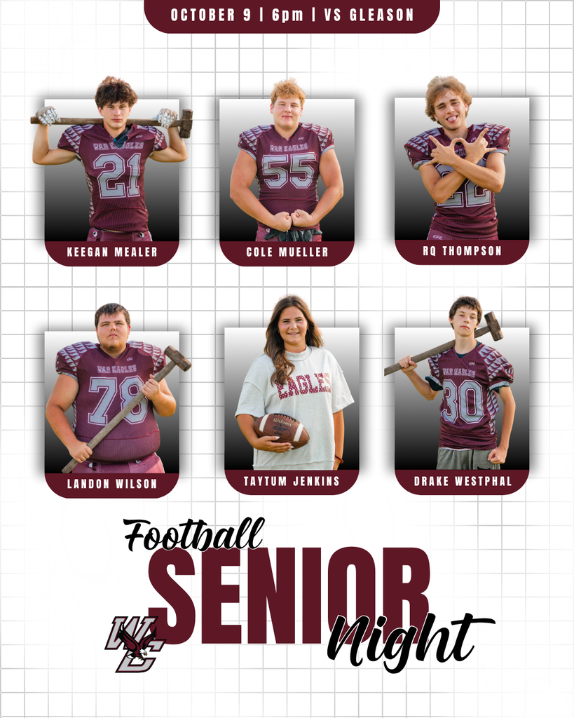 West Carroll Football Senior Night graphic featuring seniors Keegan Mealer, Cole Mueller, RQ Thompson, Landon Wilson, Taytum Jenkins, and Drake Westphal. Senior Night is October 9 at 6:00 PM against Gleason.