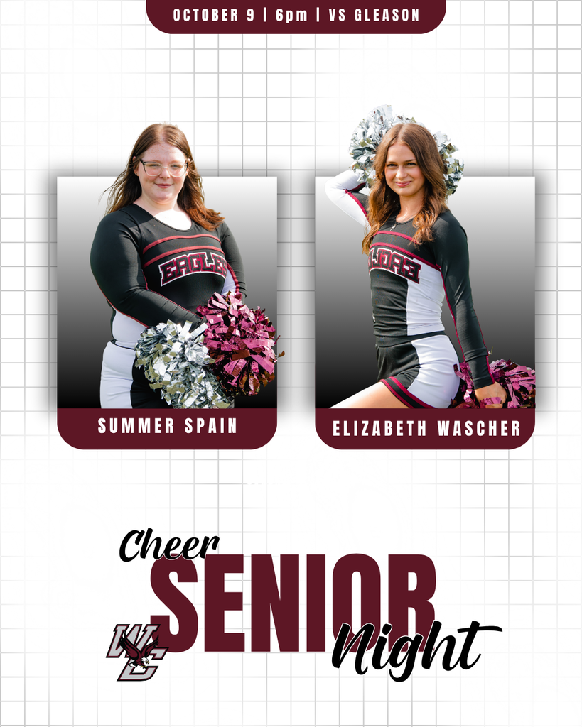 West Carroll Cheer Senior Night graphic featuring senior cheerleaders Summer Spain and Elizabeth Wascher in their West Carroll cheer uniforms with pom-poms. Senior Night is October 9 at 6:00 PM against Gleason.