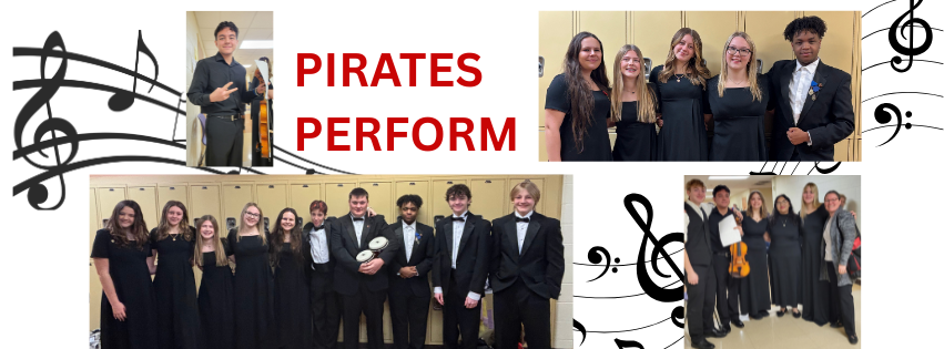 Pirates Perform with student pictures of musicians