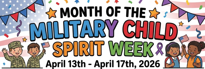 Month of the Military Child Spirit Week April 13th through April 17th flier with pictures of kids holding flags