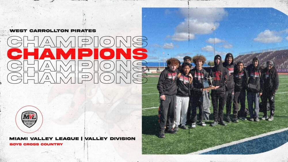 A banner with the text West Carrollton Pirates Champions Miami Valley League Valley Division and an image of a group of nine people wearing black and red shirts standing on grass with bleachers and blue sky behind them