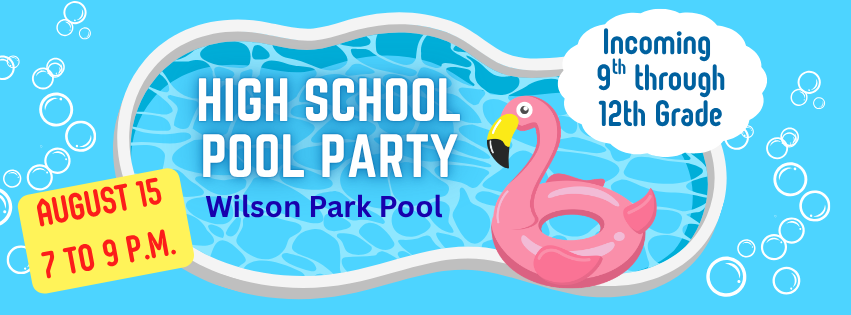 High School Pool Party poster with pictures of water and a pink flamingo