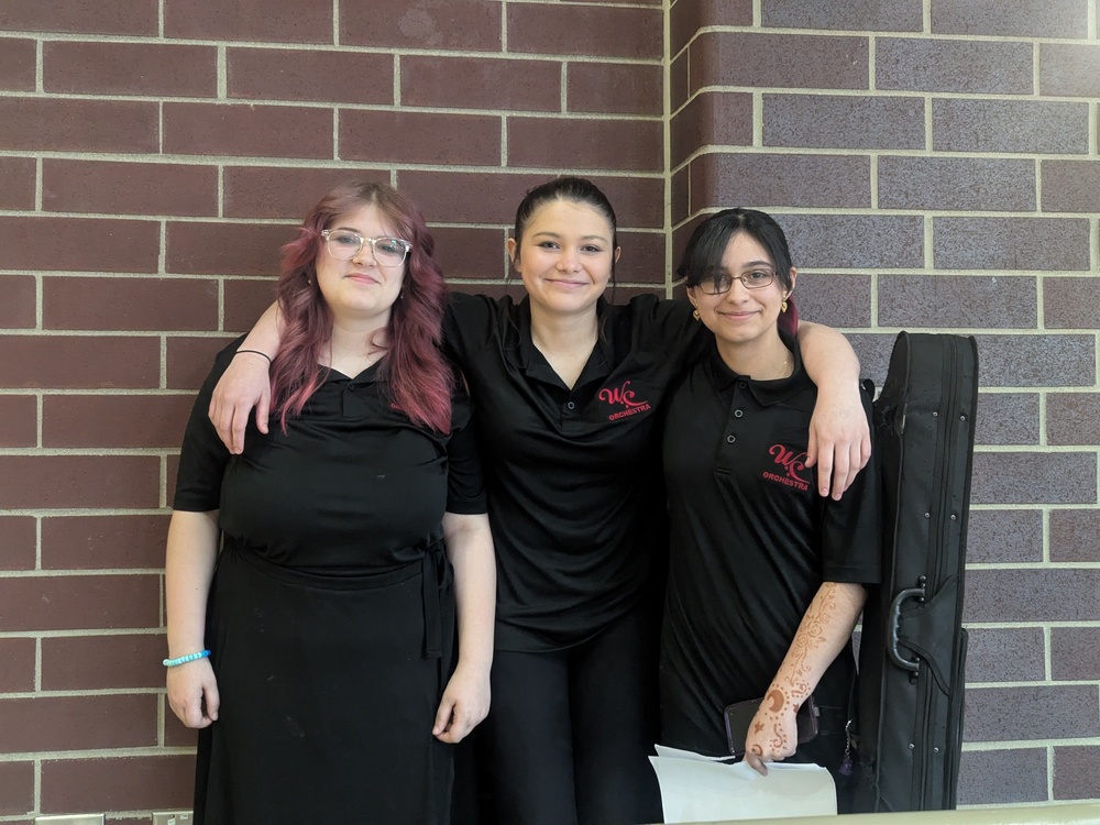3 girls standing against a brick wall