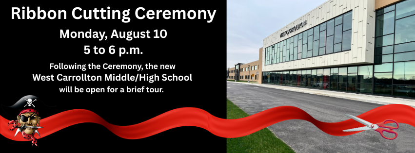 Ribbon cutting ceremony August 10 from 5 to 6 p.m. with picture of a building with a glass front and a ribbon with scissors