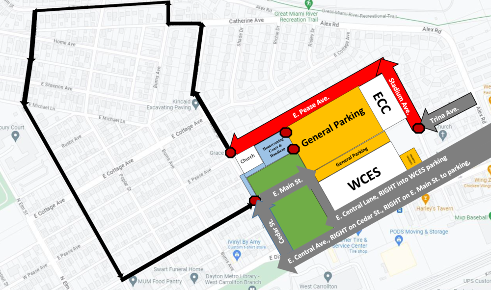 Map with areas marked for parking, parade lineup,  and route the parade will take