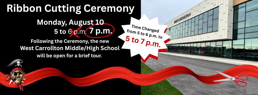 Ribbon cutting ceremony August 10 from 5 to 6 p.m. with picture of a building with a glass front and a ribbon with scissors