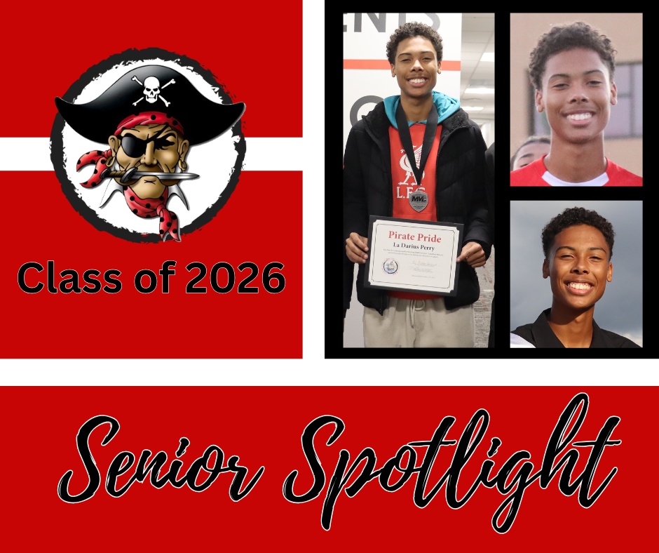 Class of 2026 Senior Spotlight with pirate logo and pictures of a senior