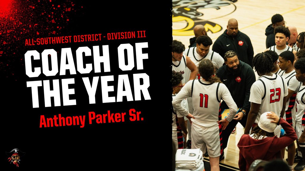 All Southwest District Division III Coach of the Year, Anthony Parker, Sr. with picture of Coach Parker surrounded by basketball players