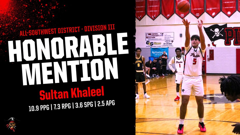 All Southwest District Division III Honorable Mention Sultan Khaleel, 10.9 PPG, 7.3 RPG, 3.6 SPG, 2.5 APG with picture of boy shooting a basketball