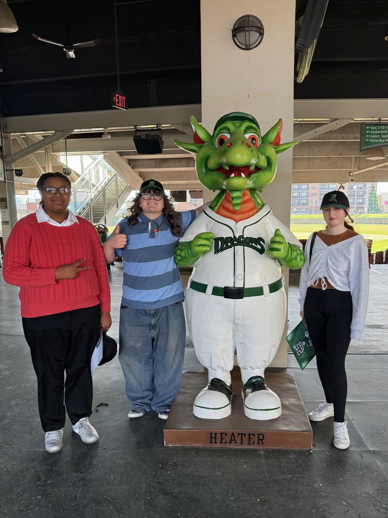 three students with the Dayton Dragons Baseball Mascot, Heater
