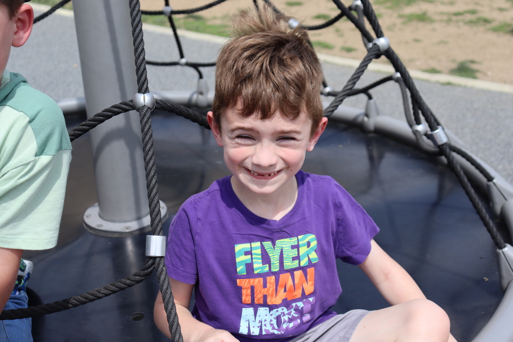 A boy in a purple shirt sits on a swing, grinning. Another child stands behind him.