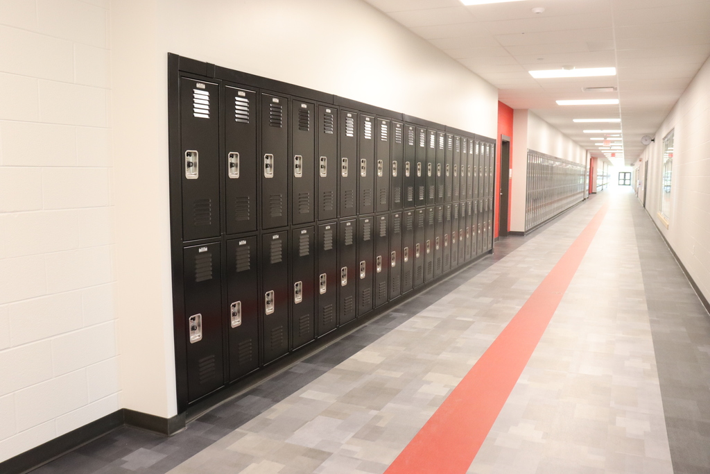 An empty hallway in a school with rows of lockers and a red line on the floor.