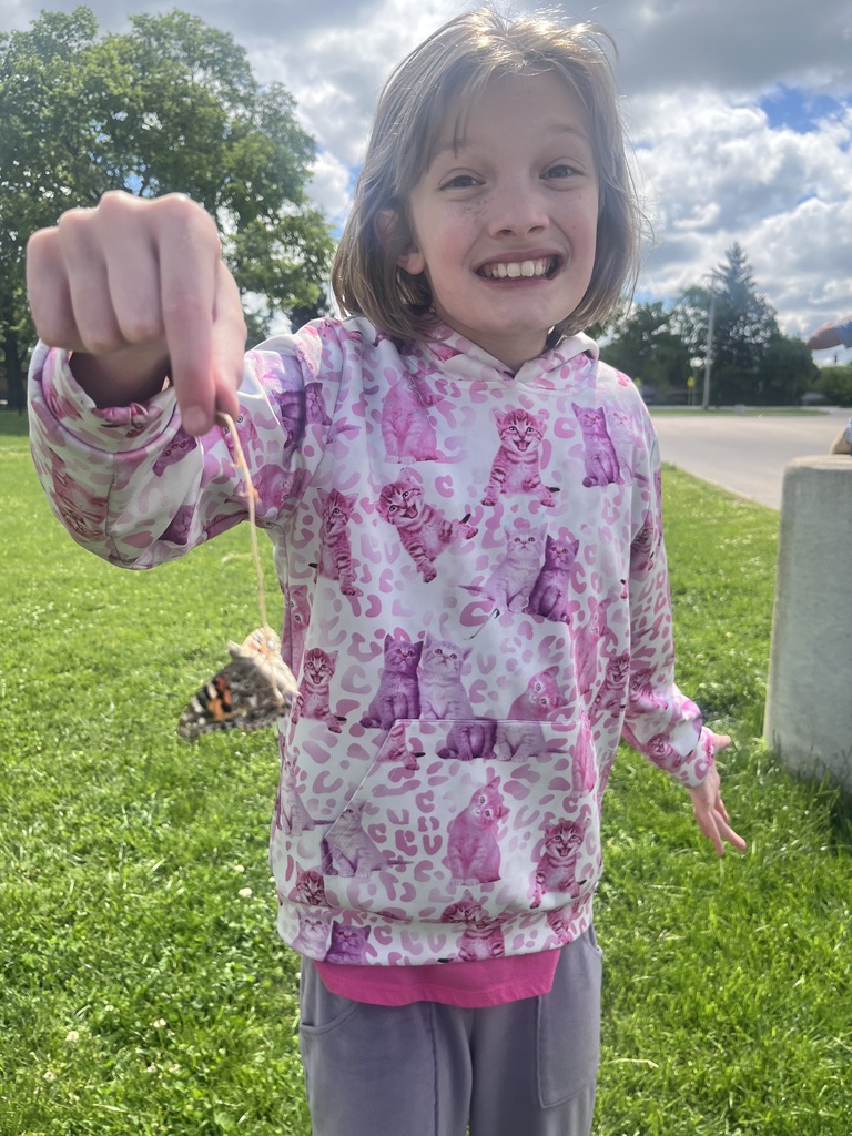 A child wearing a pink hoodie with cat graphics holds a long, thin piece of foliage with a butterfly attached.