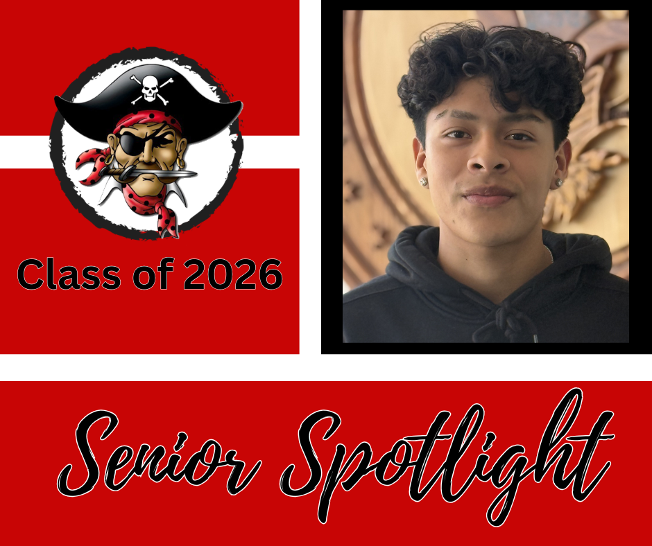 A red background shows a logo and a photo. Logo features a pirate with an eye patch. Photo shows a young person in a black hoodie.