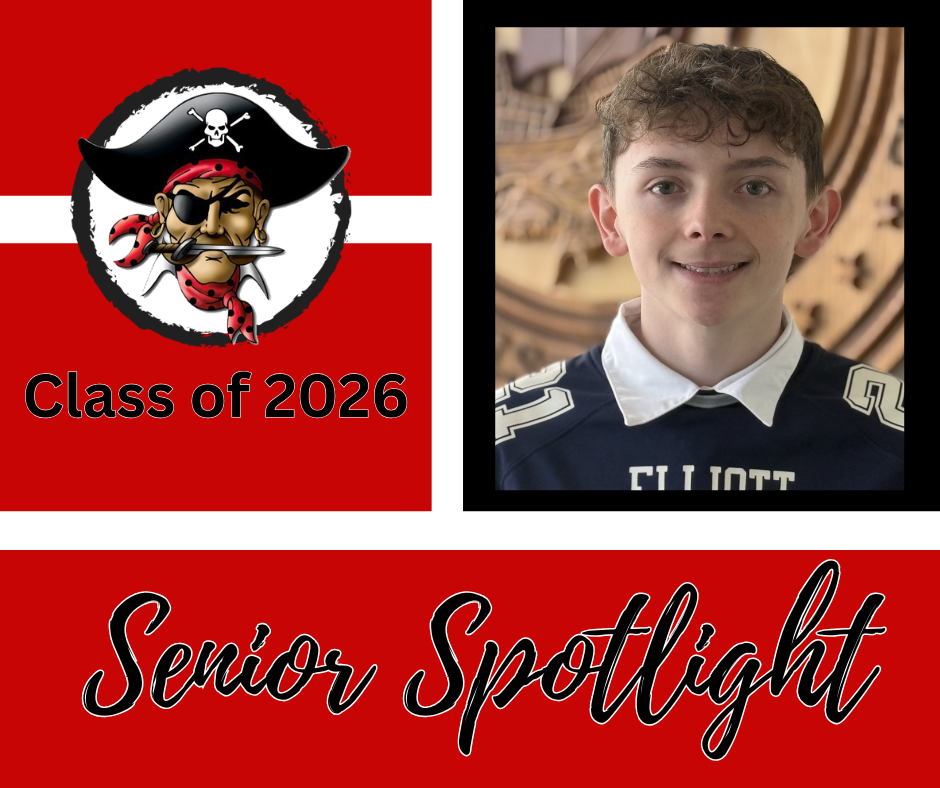 A collage featuring a school logo with a pirate, text "Class of 2026", and a photo of a smiling boy in a blue and white jersey.