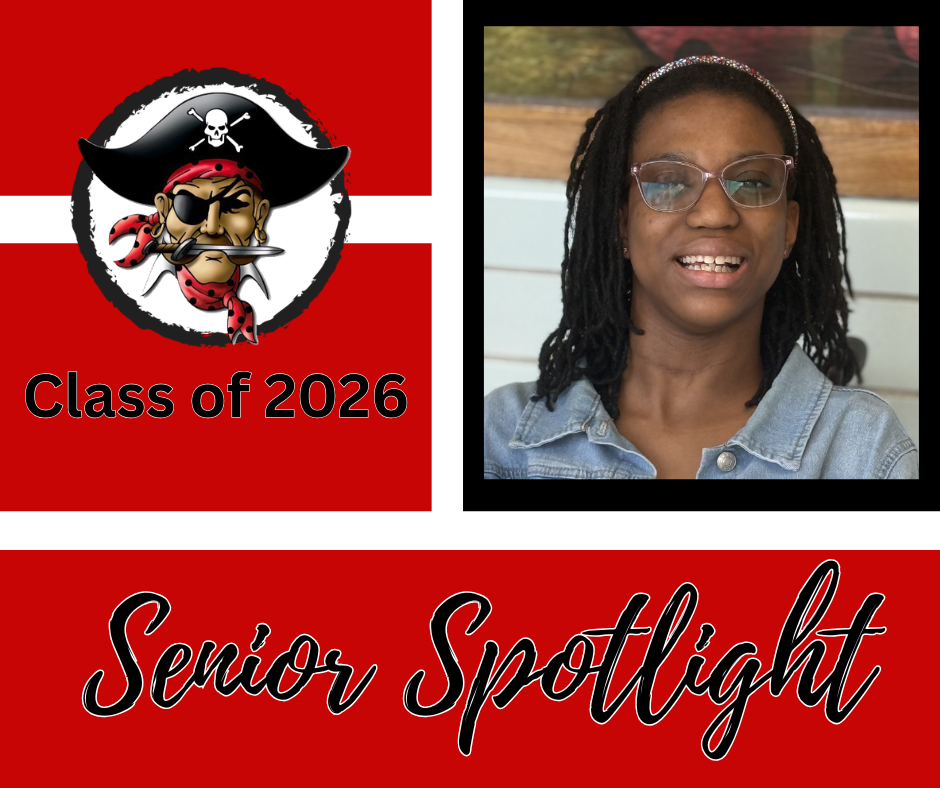 Red background with "Class of 2026" and a pirate logo. A smiling woman in glasses and a denim shirt. Text "Senior Spotlight" below.