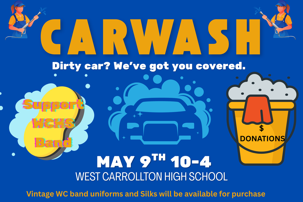 Blue poster with bold, white text that reads "Carwash". A blue car and a yellow bucket are shown.