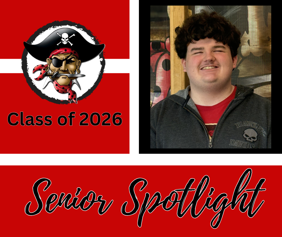 An image featuring a red background with a pirate emblem and "Class of 2026" text. A smiling man in a gray hoodie is on the right.