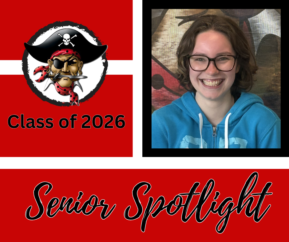 Class of 2026 Senior Spotlight Banner with a Pirate logo and a picture of a girl in a blue hoodie smiling