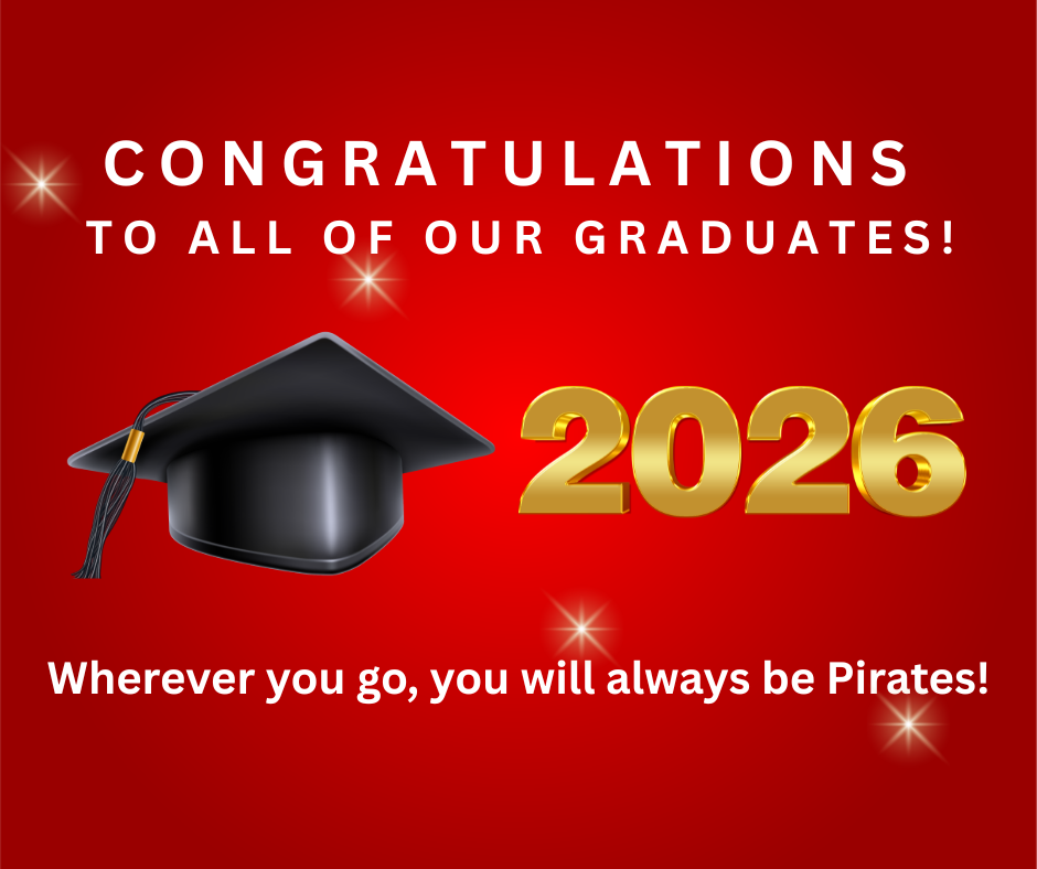 A red backdrop displays a graduation cap with the words "Congratulations to all our graduates!" and the number 2026.