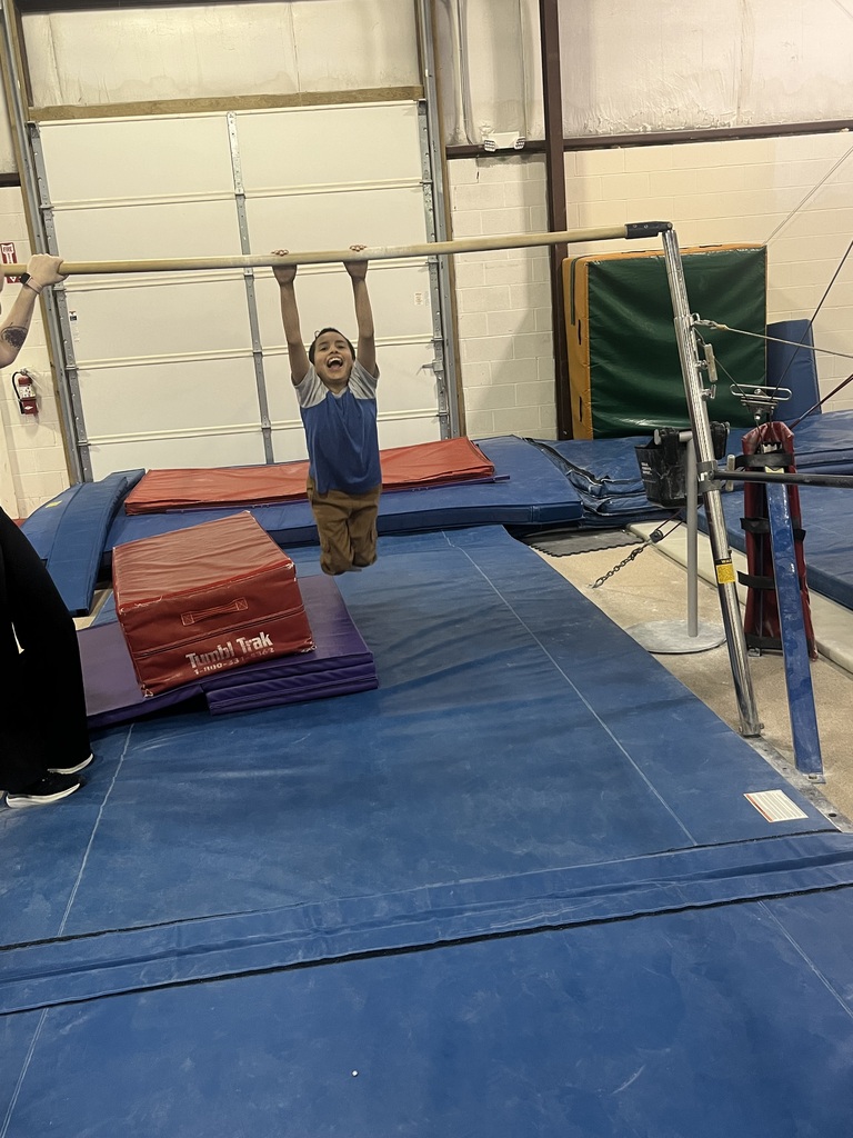 A boy swings from a bar in a gym