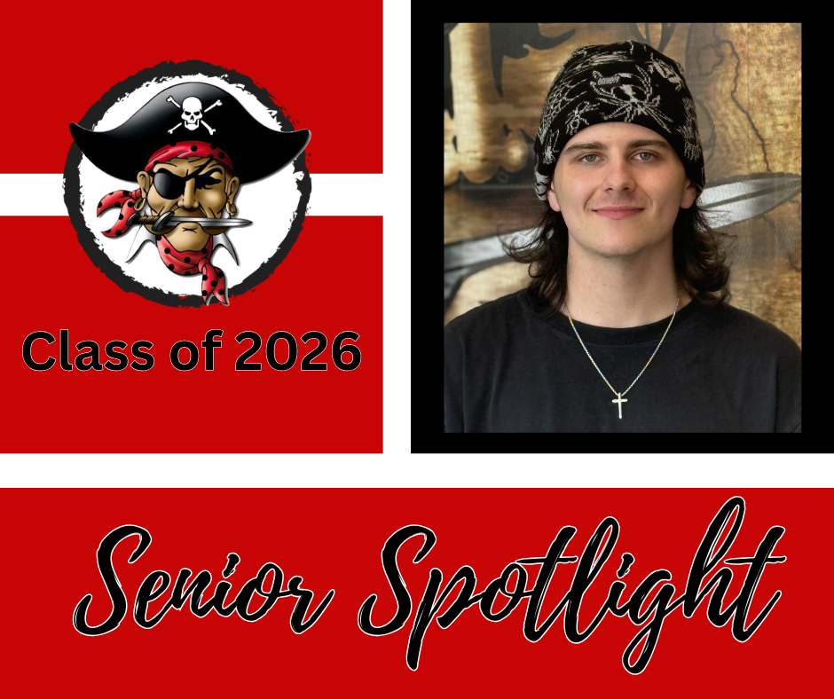 A collage showing a logo of a pirate and a smiling male student. The logo has text "Class of 2026" and "Senior Spotlight".