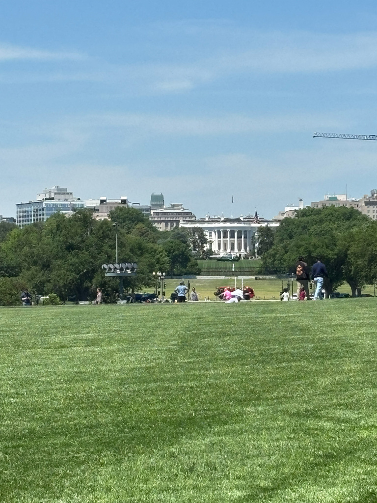 A grassy field with scattered people. A large white building is in the background, with a crane above it.