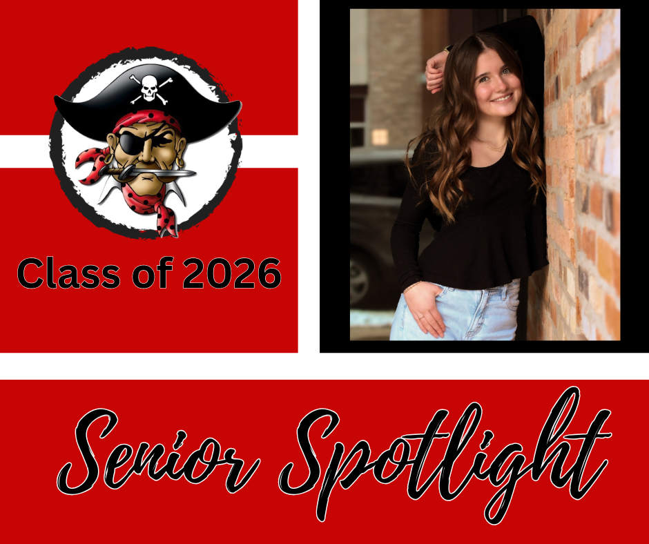 Class of  Senior Spotlight with Pirate logo and photo of a girl with long hair leaning against a brick wall