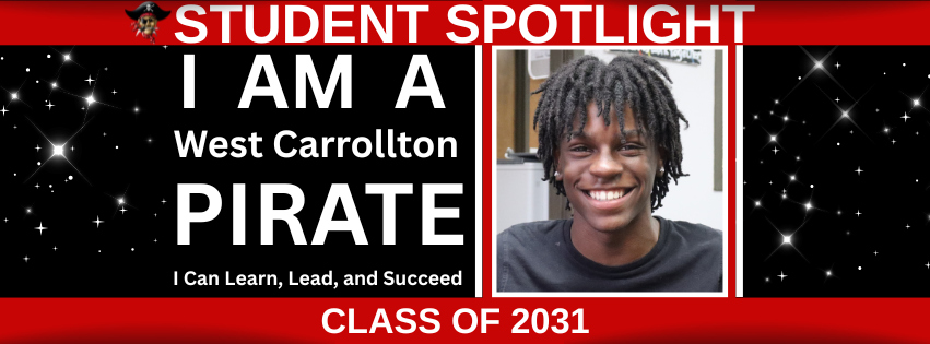 An image featuring a smiling person with text "I AM A West Carrollton Pirate" and "Class of 2031" against a red and black background with stars.