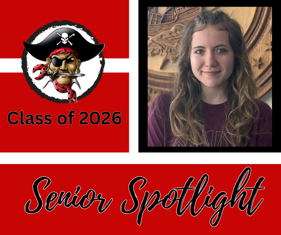 A collage features a pirate logo, "Class of 2026," and a smiling student. The background is red.