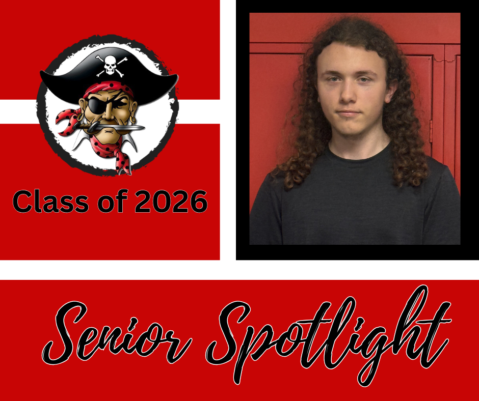 A poster displays a student photo and a pirate logo. The student has long curly hair and wears a black shirt. The words "Class of 2026" and "Senior Spotlight" appear.