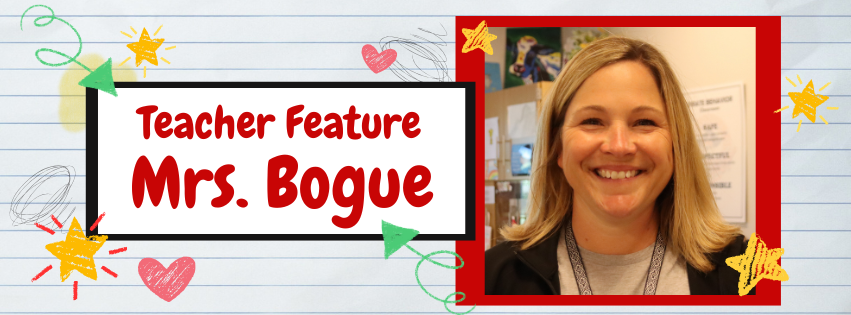 A smiling teacher, Mrs. Bogue, featured in a collage with text and decorative elements.
