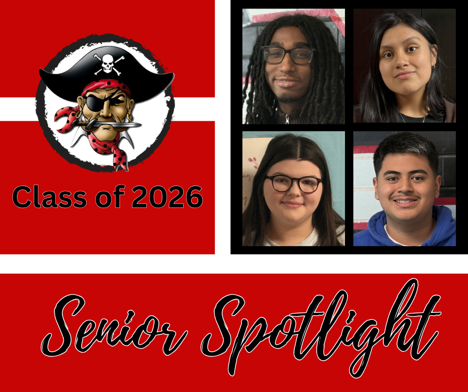Four students in a collage. Text reads "Class of 2026" and "Senior Spotlight" with a pirate logo.