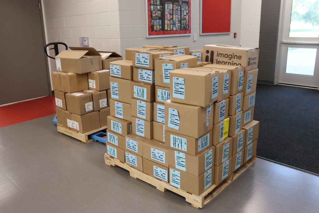 Several stacks of cardboard boxes on a wooden pallet inside a room. 