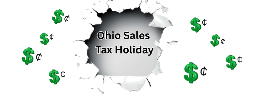 A graphic with a hole in the middle shows dollar signs around it. The text reads "Ohio Sales Tax Holiday".