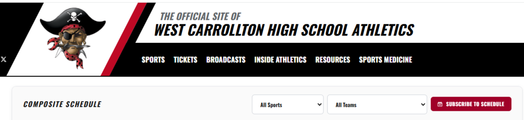 A website header with "The Official Site of West Carrollton High School Athletics" in white text. A pirate logo in red and black.