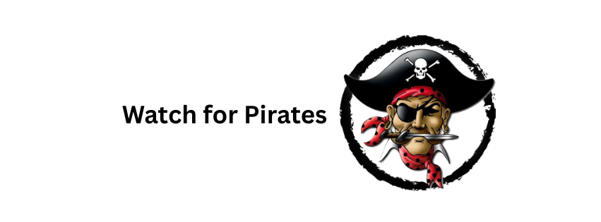 Logo featuring a pirate's head with a hat, red bandana, and goggles. Text reads "Watch for Pirates".