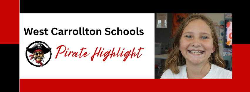 White and red background with "West Carrollton Schools" text and logo. A smiling girl with blonde hair.