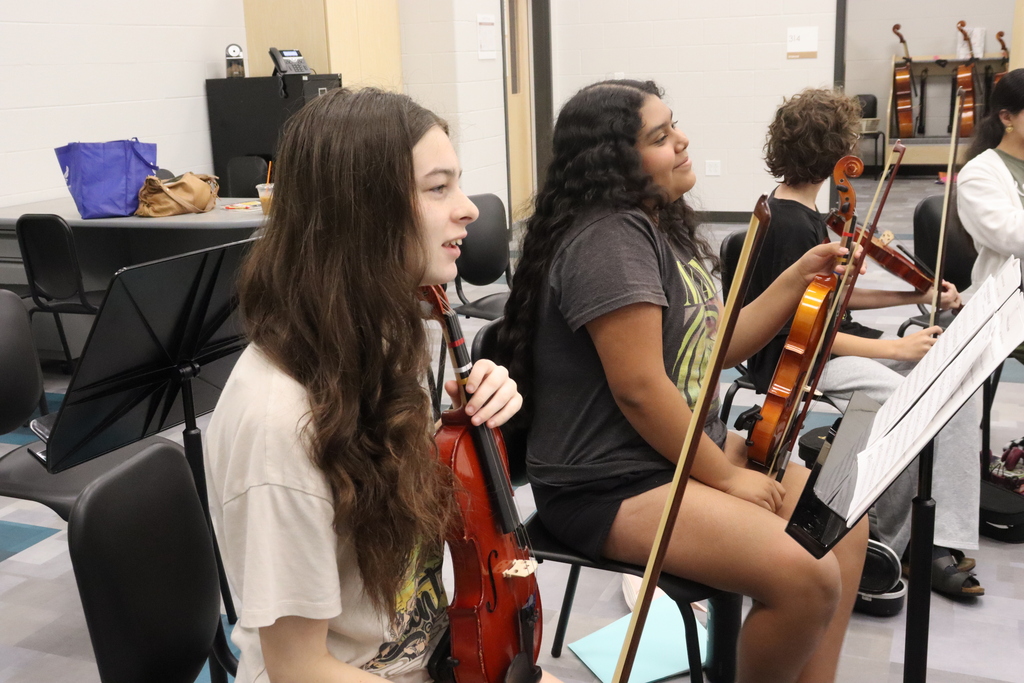 A group of four people seated in chairs, playing violins in a room with violins on display.