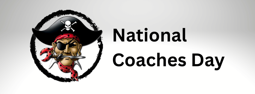 Logo with a pirate, a skullcap, eye patch, and red bandana. Text reads "National Coaches Day".