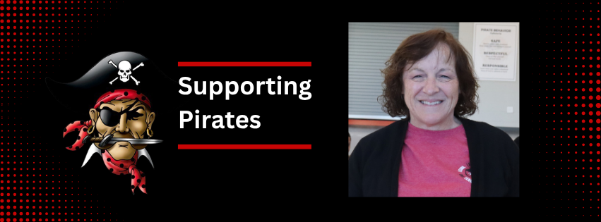 A woman smiles, wearing a pink shirt. Text reads "Supporting Pirates" next to a pirate logo.