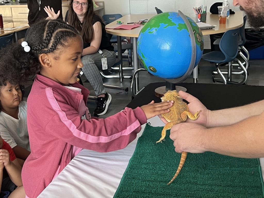 A young girl pets a lizard while a man holds its tail in a classroom. Behind them, people sit at tables.